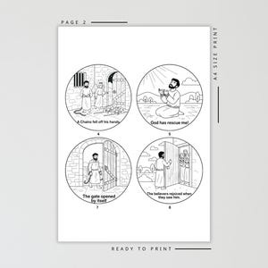 May include: Black and white line art illustrations on a white background. The images depict scenes with figures, angels, and doors, accompanied by text. The text includes phrases like "A Chains fell off his hands" and "God has rescue me!"