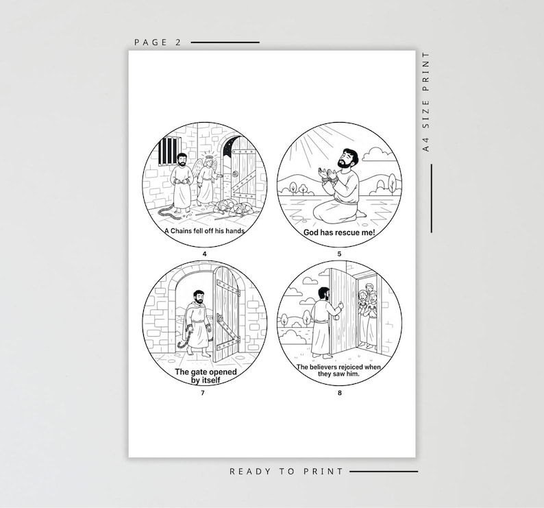 May include: Black and white line art illustrations on a white background. The images depict scenes with figures, angels, and doors, accompanied by text. The text includes phrases like "A Chains fell off his hands" and "God has rescue me!"