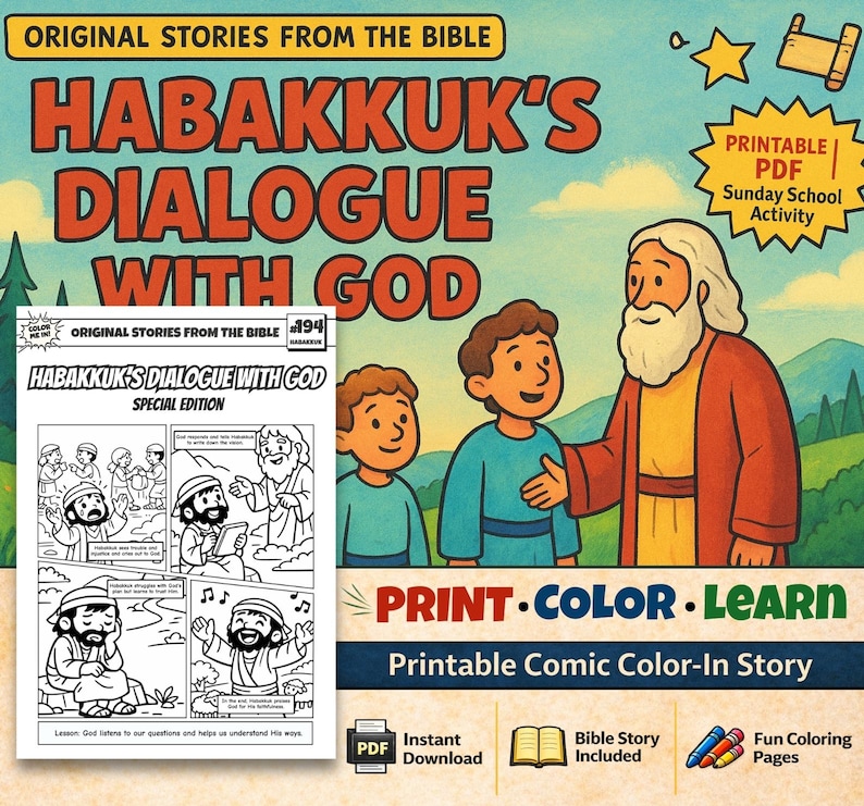 Habakkuk’s Dialogue with God Bible Comic Colouring Page for Kids: listing photo