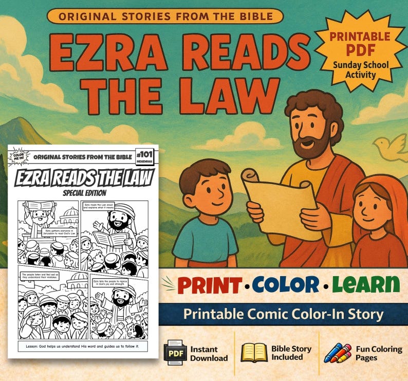Ezra Reads the Law Bible Comic Colouring Page: listing photo