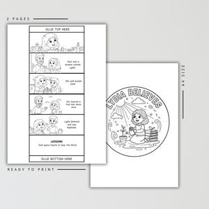 May include: Two-page black and white printable featuring a comic strip and a circular illustration. The comic strip depicts scenes with text, including "Paul met a woman named Lydia" and "Lydia believed and was baptized." The circular illustration says "Lydia Believes".