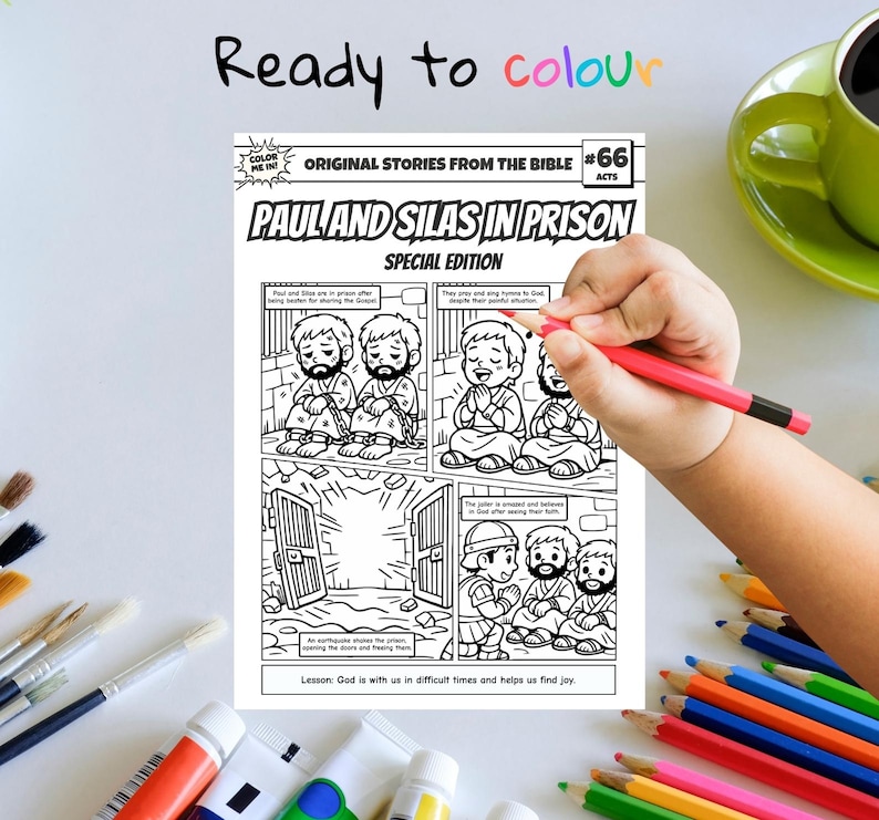Paul and Silas in Prison A4 Bible Comic Coloring Page | Sunday School Craft | Bible Study for Kids | Children’s Church Activity | Acts 16 image 3