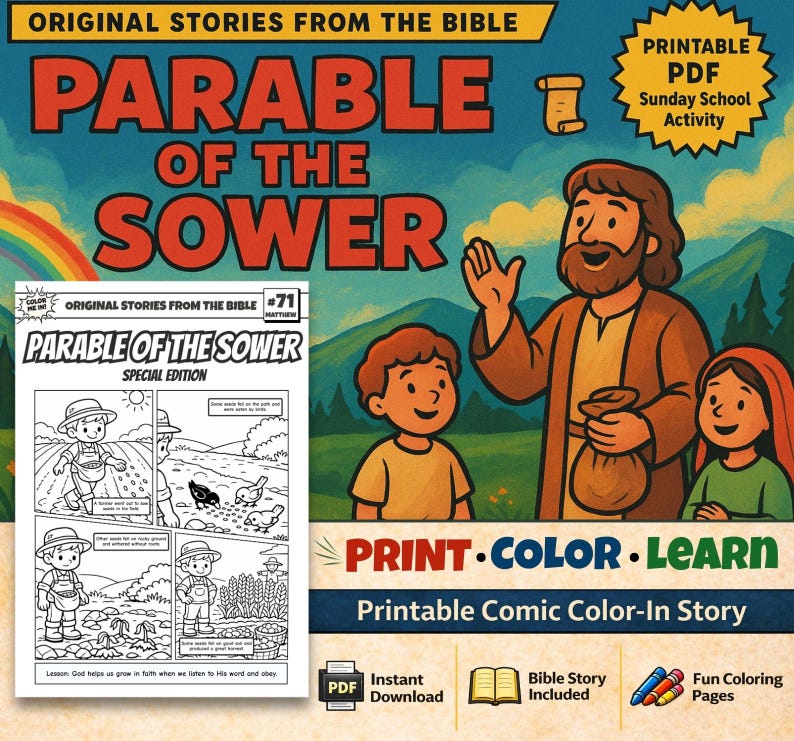 Parable of the Sower Bible Comic Colouring Page: listing photo