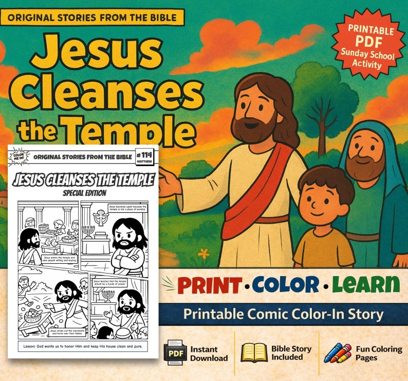 Jesus Cleanses the Temple Bible Comic Colouring Page: listing photo