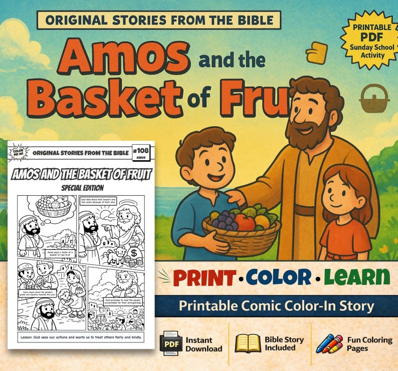 Amos and the Basket of Fruit Bible Comic Colouring Page for Kids: listing photo