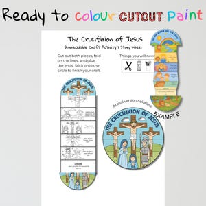 Peut inclure: Une activit&eacute; artisanale t&eacute;l&eacute;chargeable intitul&eacute;e "La Crucifixion de J&eacute;sus". L'image montre une roue d'histoire et une bande verticale avec des illustrations. Le texte dit "Ready to colour CUTOUT paint."