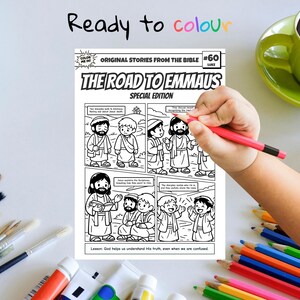 May include: A black and white comic book page titled "The Road to Emmaus" from the "Original Stories From The Bible" series. The image shows a hand holding a red pencil, ready to color the comic. The text "Ready to colour" is written at the top.