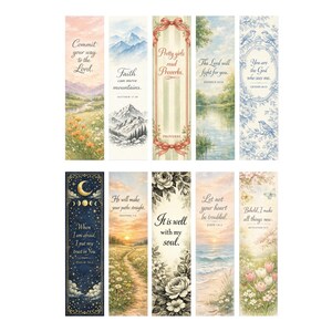 May include: A collection of watercolor bookmarks with inspirational quotes and scenic illustrations. Designs include mountain landscapes, floral arrangements, and celestial themes. Each bookmark features a unique scripture verse.
