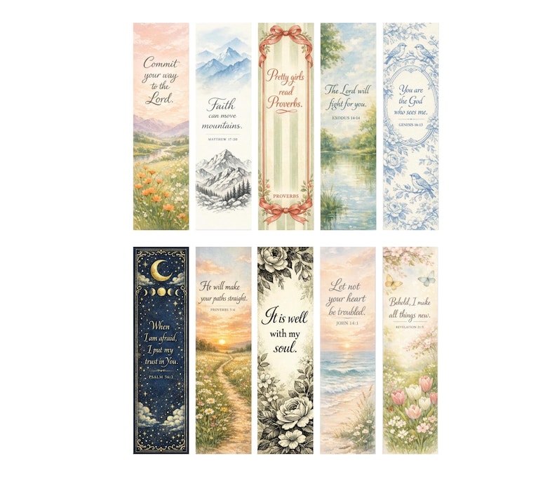 May include: A collection of watercolor bookmarks with inspirational quotes and scenic illustrations. Designs include mountain landscapes, floral arrangements, and celestial themes. Each bookmark features a unique scripture verse.