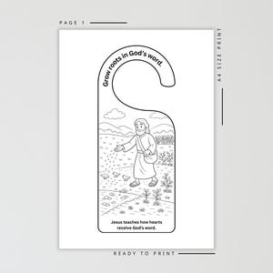 K&ouml;nnte beinhalten: Schwarz-wei&szlig;er T&uuml;rh&auml;nger mit einer Illustration von Jesus, der Samen s&auml;t. Der Text lautet &bdquo;Wurzeln in Gottes Wort wachsen lassen&ldquo; und &bdquo;Jesus lehrt, wie Herzen Gottes Wort empfangen&ldquo;. Druckfertig, A4-Format.