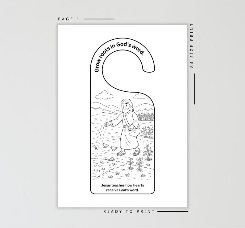 K&ouml;nnte beinhalten: Schwarz-wei&szlig;er T&uuml;rh&auml;nger mit einer Illustration von Jesus, der Samen s&auml;t. Der Text lautet &bdquo;Wurzeln in Gottes Wort wachsen lassen&ldquo; und &bdquo;Jesus lehrt, wie Herzen Gottes Wort empfangen&ldquo;. Druckfertig, A4-Format.