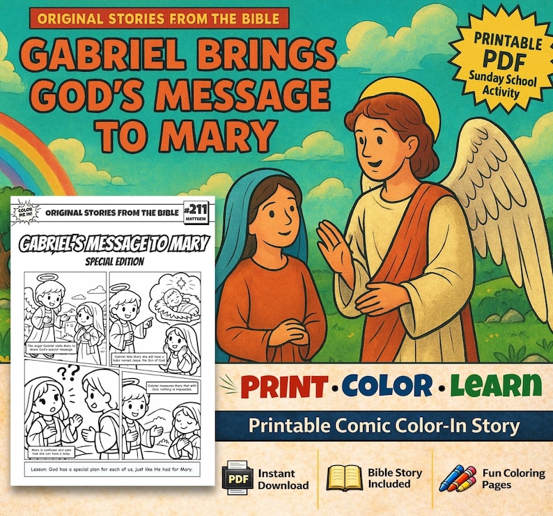 Gabriel Brings God’s Message to Mary Bible Comic Colouring Page: listing photo