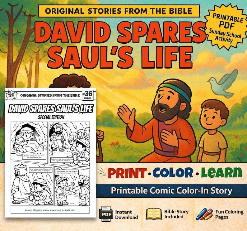David Spares Saul’s Life Bible Comic Colouring Page: listing photo