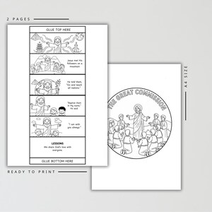 May include: Two-page ready-to-print coloring pages with illustrations of Jesus and his followers. The first page has a comic strip layout with text bubbles. The second page has a circular illustration of Jesus and his followers. The text reads "The Great Commission."