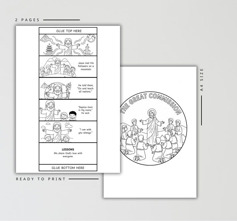 May include: Two-page ready-to-print coloring pages with illustrations of Jesus and his followers. The first page has a comic strip layout with text bubbles. The second page has a circular illustration of Jesus and his followers. The text reads "The Great Commission."