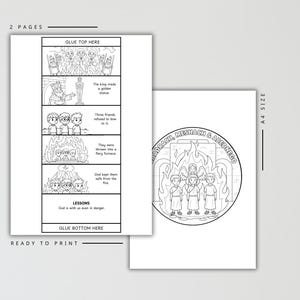 May include: Two-page ready-to-print coloring pages with a religious theme. One page features a story in panels with text, including "GLUE TOP HERE" and "GLUE BOTTOM HERE." The other page has a circular illustration with the text "MADRACH, MESHACH & ABEDNEGO."