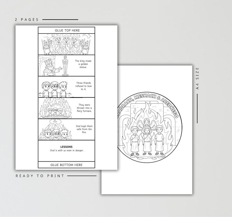 May include: Two-page ready-to-print coloring pages with a religious theme. One page features a story in panels with text, including "GLUE TOP HERE" and "GLUE BOTTOM HERE." The other page has a circular illustration with the text "MADRACH, MESHACH & ABEDNEGO."