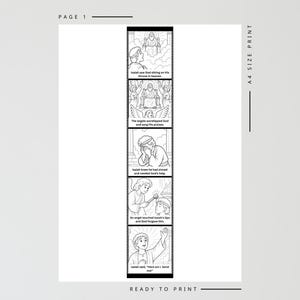 May include: Black and white printable page with a religious theme. The page features a vertical strip of illustrated panels depicting a biblical story. Text includes "Isaiah saw God," "The angels worshipped God," and "Ready to Print."
