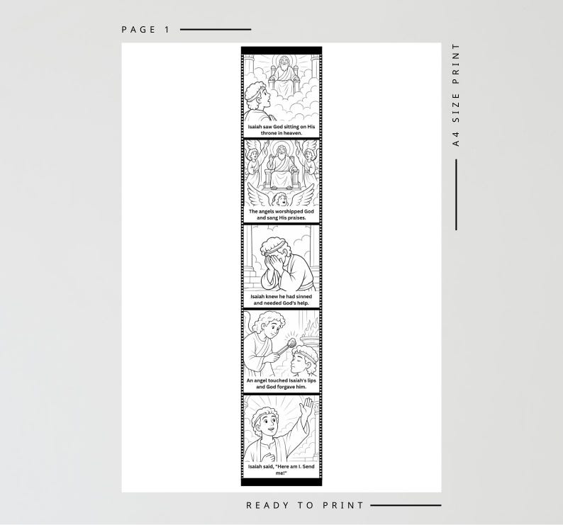 May include: Black and white printable page with a religious theme. The page features a vertical strip of illustrated panels depicting a biblical story. Text includes "Isaiah saw God," "The angels worshipped God," and "Ready to Print."