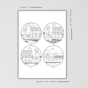 May include: Black and white line art print with four circular illustrations depicting a biblical story. Text includes "Each received the same wage," "The first workers grumbled," "I gave you what was fair," and "God is generous to all." The page is labeled "Page 3."
