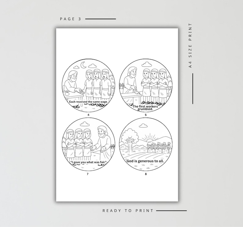 May include: Black and white line art print with four circular illustrations depicting a biblical story. Text includes "Each received the same wage," "The first workers grumbled," "I gave you what was fair," and "God is generous to all." The page is labeled "Page 3."