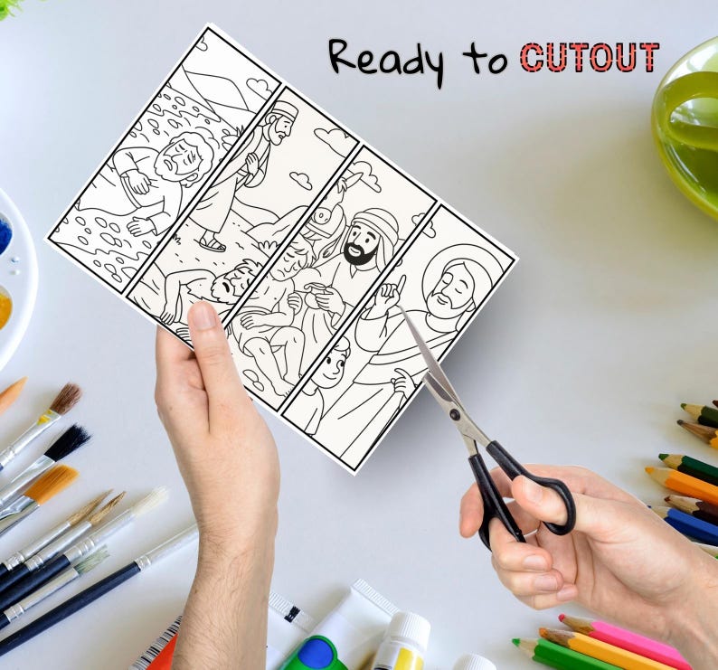 Pu&ograve; includere: Un fumetto illustrato in bianco e nero raffigurante figure religiose, con la scritta "Ready to CUTOUT" in nero e rosso. Un paio di forbici sta tagliando la carta. Pennelli, tubetti di vernice e matite colorate sono sullo sfondo.