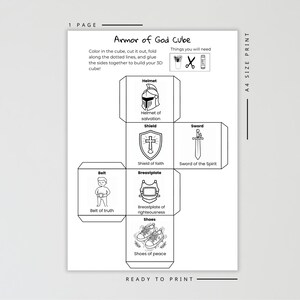 May include: A black and white printable sheet with the text "Armor of God Cube". The sheet includes illustrations of a helmet, shield, sword, belt, breastplate, and shoes, with corresponding text labels. Instructions are also included.