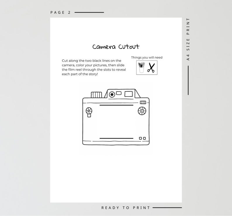 May include: A black and white line drawing of a camera cutout on a white page. The text "Camera Cutout" is above the camera illustration. Instructions and a list of needed items are also included. The page is labeled "Page 2" and "Ready to Print."