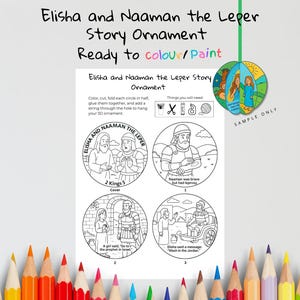 May include: A craft kit for colouring, featuring the story of Elisha and Naaman the Leper. The kit includes a printable ornament with illustrations and text, ready to be coloured and assembled. Includes coloured pencils.