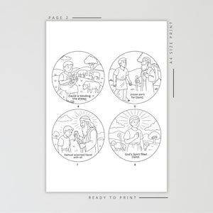 Puede incluir: Impresi&oacute;n en tama&ntilde;o A4 con ilustraciones en blanco y negro que representan escenas de una historia b&iacute;blica. Los dibujos muestran a David cuidando ovejas y a Samuel ungiendo a David. El texto incluye "PAGE 2" y "READY TO PRINT."