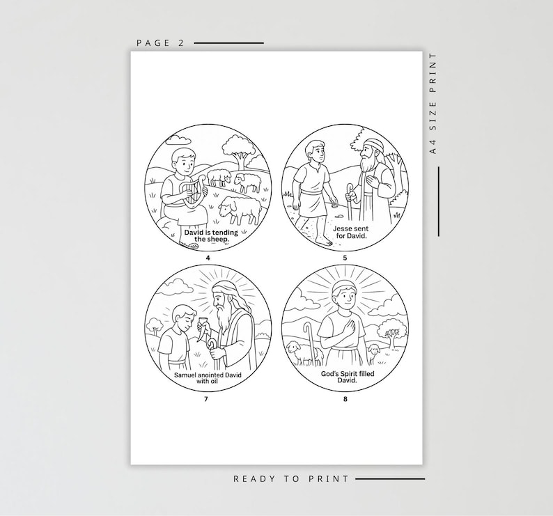 Puede incluir: Impresi&oacute;n en tama&ntilde;o A4 con ilustraciones en blanco y negro que representan escenas de una historia b&iacute;blica. Los dibujos muestran a David cuidando ovejas y a Samuel ungiendo a David. El texto incluye "PAGE 2" y "READY TO PRINT."