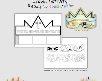 May include: A white paper crown activity sheet with the text "The New Heaven and New Earth" and a cross design. Includes 6 story sections and an example crown. Ready to color or paint.