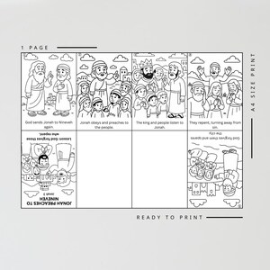 May include: Black and white line art illustration of a Bible story, divided into panels with text. The panels depict scenes of Jonah preaching, the king and people listening, and God's forgiveness. Text includes "Jonah Preaches to Nineveh" and "Ready to Print."