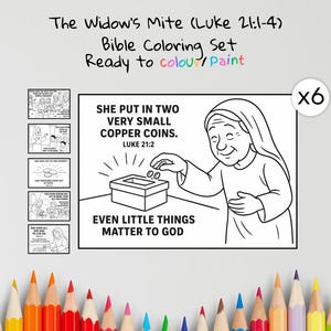 Puede incluir: Un juego de colorear bíblico titulado "The Widow's Mite (Lucas 21:1-4)". La imagen presenta una ilustración en blanco y negro de una mujer colocando monedas en una caja, con el texto "She put in two very small copper coins. Lucas 21:2" y "Even little things matter to God."