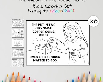 Manualidades para colorear de la ofrenda de la viuda / Manualidades bíblicas para niños / Lucas 21 / Hojas para colorear cristianas / Lección de escuela dominical