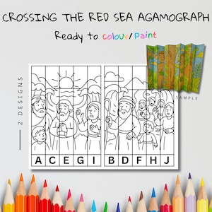 May include: A black and white agamograph coloring page with the text "CROSSING THE RED SEA AGAMOGRAPH" and "Ready to colour/Paint". The image features two designs with biblical figures and the letters A-J.