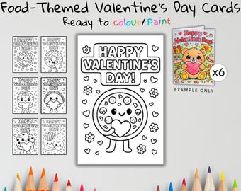Food Valentine’s Day Coloring Cards for Kids – Set of 6 | Cute Printable Valentine’s Day Cards