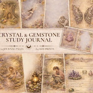 Puede incluir: Un conjunto de páginas ilustradas con temática de fantasía, con hadas, cristales y un diario de estudio. El texto dice "CRYSTAL & GEMSTONE STUDY JOURNAL" y "14 JOURNAL PAGES A4-SIZE PRINTS". La paleta de colores es suave, con tonos sepia y efectos de acuarela.