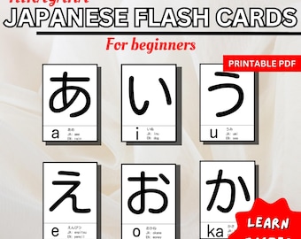 May include: Printable flashcards for learning Japanese Hiragana. The cards feature black and white illustrations of the Japanese characters with their English and Japanese pronunciations and meanings.