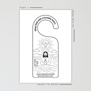 May include: Black and white door hanger with a religious illustration. The design includes text that reads "Obey God with a humble heart" and "Jesus is baptized and God's Spirit descends on Him." The hanger is ready to print.