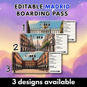 Madrid, Spanje Afdrukbaar reiscadeauticket en bewerkbare instapkaart | Verrassingsvakantie downloaden