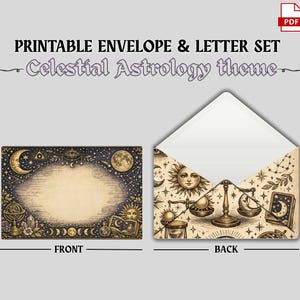 May include: Printable envelope and letter set with a celestial astrology theme. The front of the envelope features a dark blue background with gold celestial illustrations. The back of the envelope has a beige background with sun, moon, and scale illustrations.