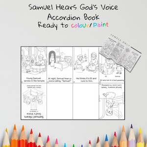 May include: Black and white accordion book titled "Samuel Hears God's Voice" with illustrations ready to color. The text "Ready to colour/Paint" is above the illustrations. A sample booklet is included.