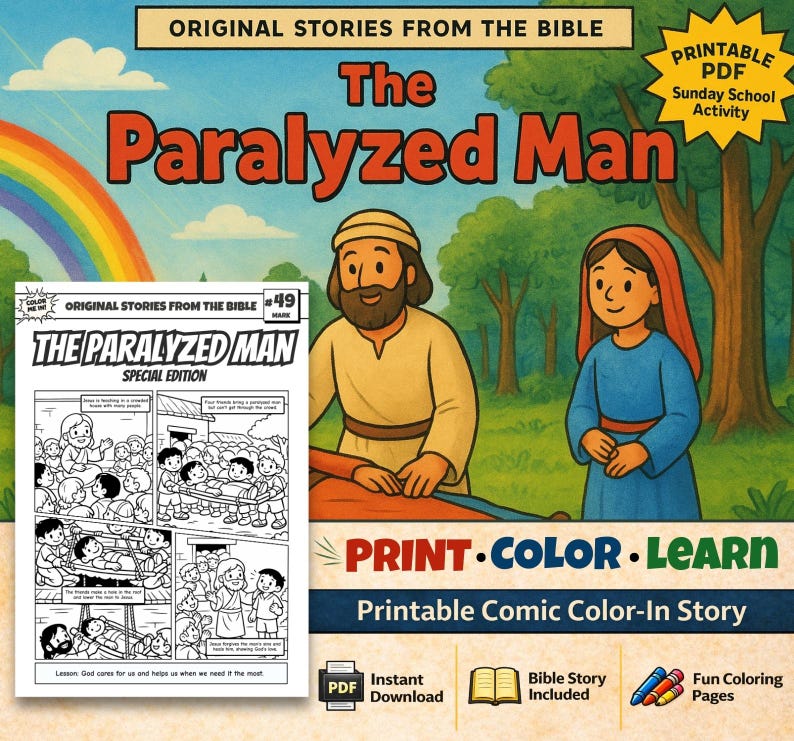 The Paralysed Man Bible Comic Colouring Page: listing photo