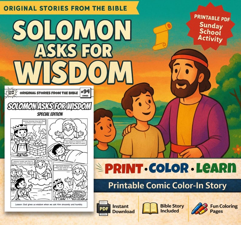 Solomon Asks for Wisdom Bible Comic Colouring Page: listing photo