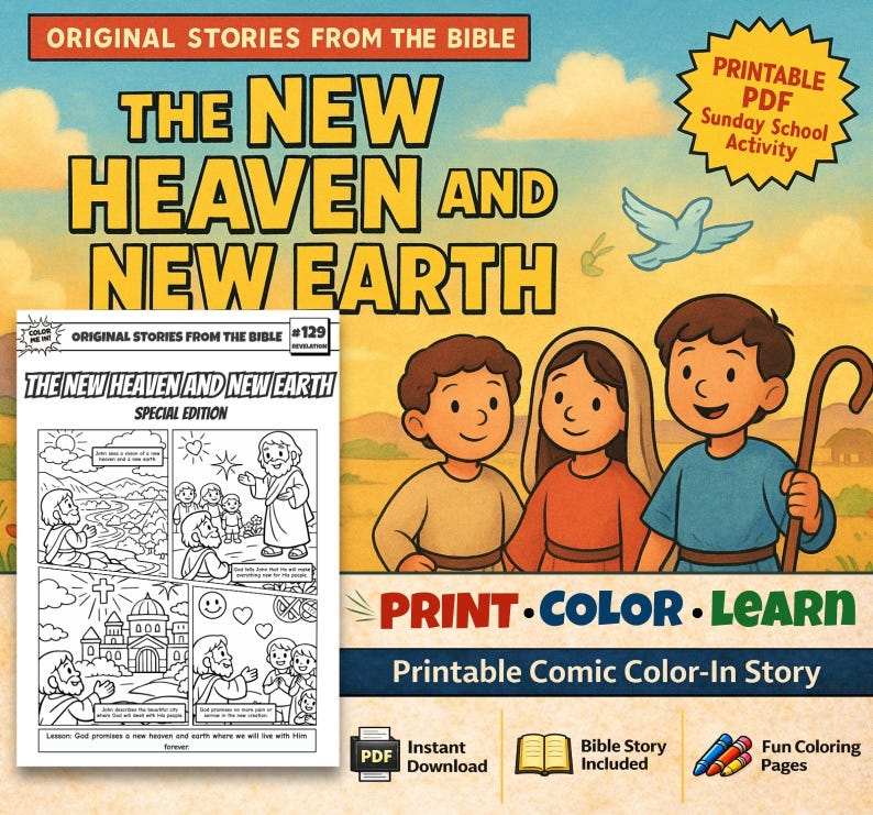 New Heaven and New Earth Bible Comic Colouring Page: listing photo