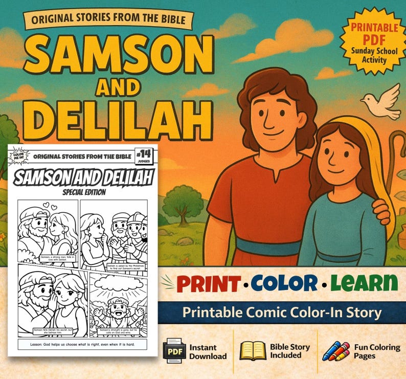 Samson and Delilah Bible Comic Colouring Page: listing photo