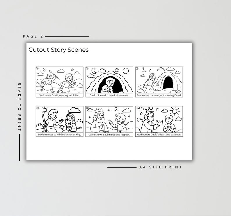 May include: Black and white illustrated cutout story scenes. The scenes depict biblical events, including Saul hunting David, David hiding in a cave, and David showing mercy. The text "READY TO PRINT" and "A4 SIZE PRINT" are also visible.
