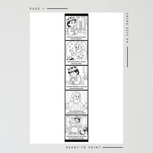 May include: Black and white illustrated print featuring a sequential story about Solomon. The text includes phrases like "Solomon prayed and asked God for wisdom" and "Solomon became a wise king." The print is labeled "Page 1" and "A4 Size Print."