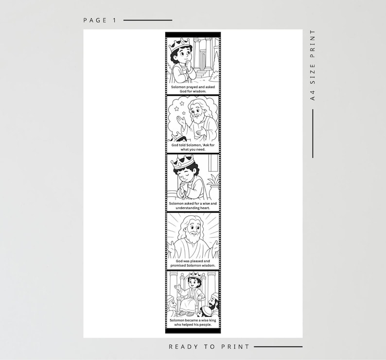 May include: Black and white illustrated print featuring a sequential story about Solomon. The text includes phrases like "Solomon prayed and asked God for wisdom" and "Solomon became a wise king." The print is labeled "Page 1" and "A4 Size Print."